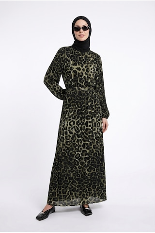 Armine Trend Leopar Desenli Şifon Elbise Siyah 24kt907