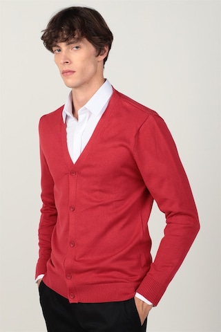 Tudors Slim Fit Dar Kesim Düğmeli Düz Pamuk Erkek Hırka-24131 Kırmızı