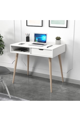 Offer Çalışma Masası, Bilgisayar Masası, Çekmeceli Kilim, Ahşap Ayak, Ev-ofis - Beyaz Beyaz