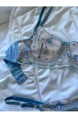 Noateks Mavi Çiçekli Balenli Dantelli Tül Bralet Takım Mavi