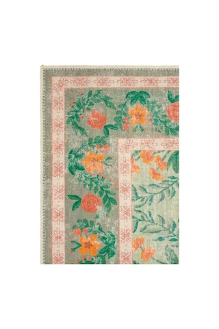 Cool Halı Daisy Su Yeşili Yıkanabilir Çiçekli Dokuma Şönil Halı Bohem Eskitme Vintage Oda Halısı Yeşil