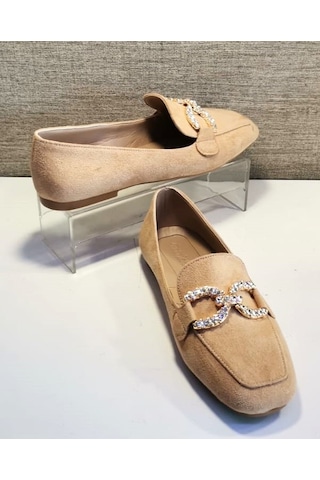 Aycan 1616 Kadın Süet Taşlı Babet Ayakkabı Süet Kum Bej