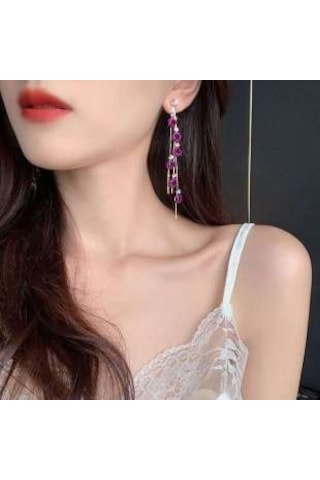 Alsade Kore Stil Zirkon Gül Çiçek Uzun Püskül Küpe N11.45997 Mor