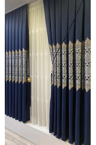 Mza Fon Perde Damask Çiçekli Avangard Desen 1/3 Sık Pile Tek Kanat Braçöl Hediyeli Lacivert