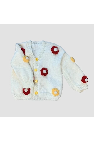 Uretti - Rukiye 7294 - El Örgüsü Çiçek Motifli Kız Çocuk Hırka 5 Yaş - Beyaz Beyaz