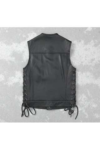 Yanları Deri Ip Bağlamalı Biker Yelek Hakiki Deri