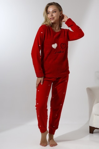 Wordex Fawn 5005 Peluş Welsoft Polar Kışlık Yumoş Kadın Pijama Takımı Kırmızı