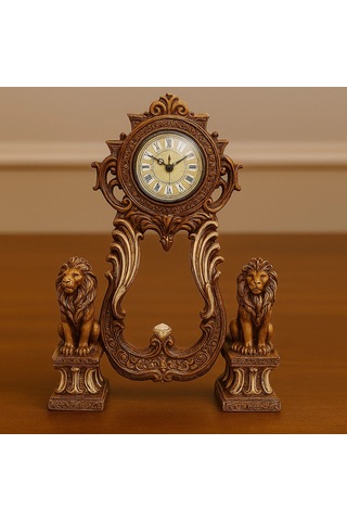 Aslan Figürlü Dekoratif Masa Saati Kraliyet Tarzı 40x28 A.kahve
