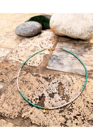 GOLD KAPLAMA YUSUFÇUK FİGÜR DETAY MAVİ BEYAZ BONCUK KOLYE-KOL114 Mavi