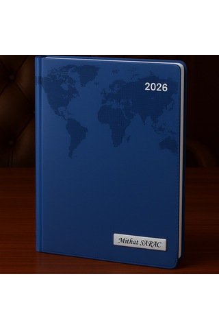 Isme Özel Lacivert Dünya Baskılı Ajanda 2026 Tarihli - Isme Özel Kalem Hediyeli Lacivert