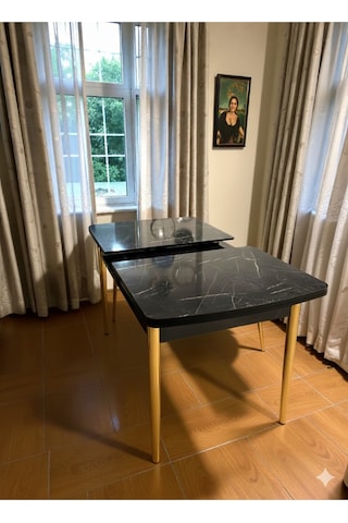 Msy Home Traverten/sonomo/siyah Mermer Gold/krom Ayaklı Mdf 80 130 Kelebek Açılabilr Yemek Masası Siyah Mermer Gold
