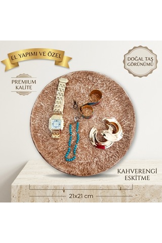 Kahverengi Eskitme Doğal Taş Görünümlü Dekoratif Takı Tepsisi - El Yapımı Yatak Odası & Komodin Düzenleyici Sunum Tepsisi 21x21 Cm 1