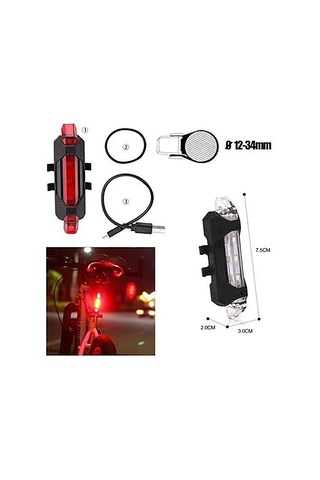 Bisiklet Işığı Led Stop Arka Ikaz Lamba Işık Usb Şarjlı 4 Mod beyaz-kırmızı ledli Gri - Siyah