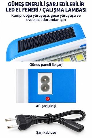 G-30t0 El Fenere 3 Modlu Şarjlı Pilli Güneş Enerjili Solar Taşınabilir Kamp Çalışma Alanı Doğa Yürüyüşü Tekne Araç Bakım Lamba Aydınlatma