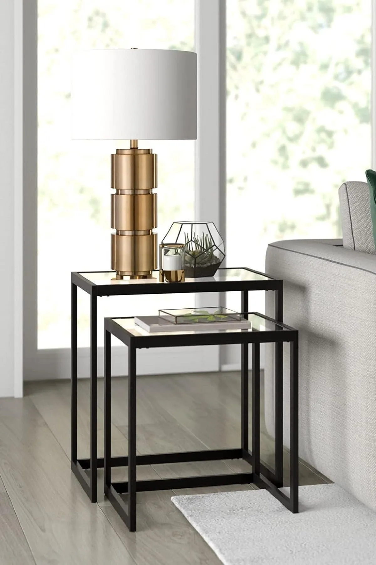 Modern Metal İskeletli Temper Camlı Zigon Sehpa Yan Sehpa Siyah-şeffaf