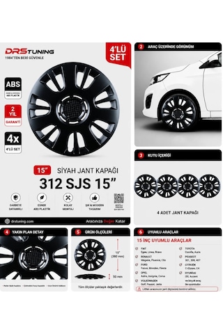 Volkswagen Uyumlu 15 Inç Kırılmaz Parlak Siyah Jant Kapağı 1 Takım 4 Adet No:312