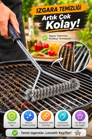 Barbekü Mangal Izgara Temizlik Fırçası Paslanmaz Çelik Tel Ergonomik Saplı Izgara Temizleyici Fırça