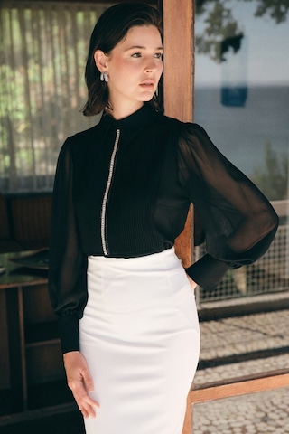 Sateen Nervür Detaylı Bluz - Siyah-136741 Siyah