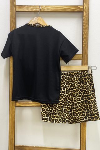 Kız Çocuk Şort Etek Takım Leopar Baskılı Fırfırlı B1 Siyah