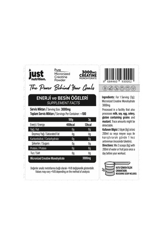 Just Nutrition Creatine Kreatin Monohydrate 300 Gr Aromasız 100 Servis + Shaker + Protein Kahve Hediyeli