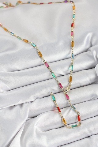 Pirinç Renkli Zirkon Taşlı Dikdörtgen Model Gold Renk Kadın Y Kolye Çok Renkli