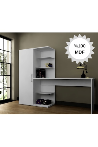 Mdf Narin Raflı Dolaplı Çalışma Masası Beyaz Dolap Solda 1 Beyaz