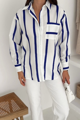 Asprin Fashion Kalın Lacivert Çizgili Gömlek Beyaz