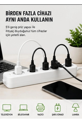Akım Korumalı 5 Li Çoklu Priz 2500w Güçlü Uzun Kablolu Güvenli Kullanım 2 M