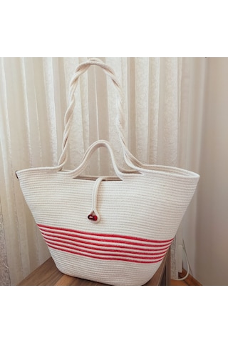 Yazlık Pamuk Dokuma Kadın Omuz Çantası, Plaj Çantası Bej - Kırmızı