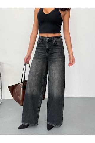 Kadın Füme Taşlamalı Baggy Jean Yüksek Bel Geniş Paça Kot Pantolon Siyah Siyah+taşlamalı