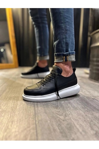 Mevese Meverk Cilt Erkek Sneaker Ayakkabı Kalın Taban Günlük Siyah