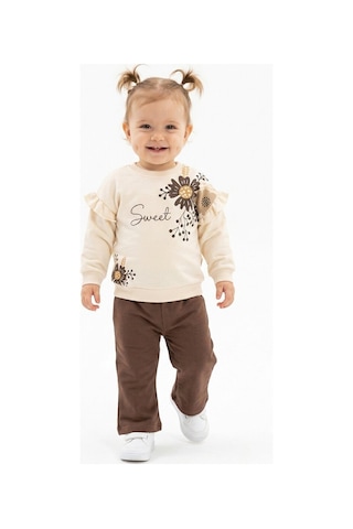 HelloBaby Pamuklu Fırfır Ve Çiçek Detaylı 2li Kız Bebek Takım Kahverengi