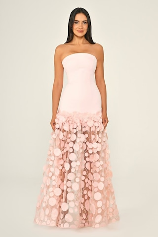 Krep Eteği 3 Boyutlu Tül Uzun Abiye Elbise Alfa Beta B7067 Pembe