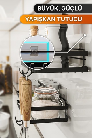 Bino Mutfak Rafı 2'li Set Yapışkanlı Lüks Modern Siyah Metal Baharatlık Rafı Organizer Düzenleyici Siyah