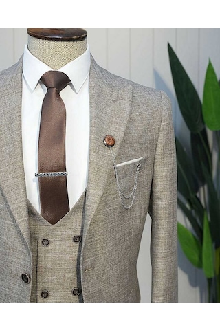 Bys Beystil Sivri Yaka Kahve Yelekli Kırçıllı Takım Elbise Storm- Slim Fit