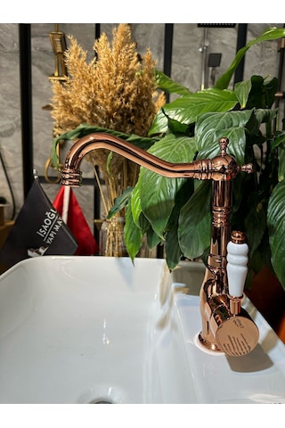 İsaoğlu Yapı Rose Bakır Lavabo Bataryası Zen Design Kolay Abdest Yüksek Lavabo Musluğu Bronz Bakır Rose Gold