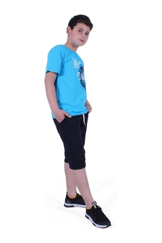 Fyk Kids Vintage Custom Yazı Baskılı Erkek Çocuk Yazlık Takım Turkuaz