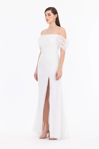 Kadın Straplez Yaka Balon Kol Dar Form Abiye Elbise - Ekru Ekru