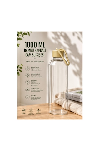 1000 Ml Bambu Kapaklı Cam Su Şişesi Taşıma Askılı Şık Ve Dayanıklı Cam Matara