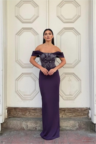 DefyModa Kadın El Emeği Dik Yaka Payetli Maxi Uzun Kollu Abiye Elbise Mor