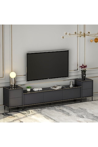 İmaj Tv Ünitesi Ve Komodin Set Traverten/gold, Oturma Odası Set, Tv Sehpası - Antrasit Antrasit