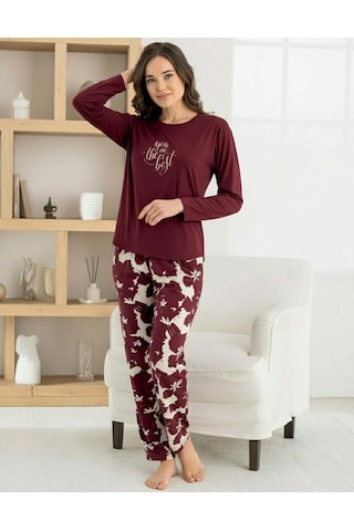 Pijamoni Kadın Milan Bisiklet Yaka Uzun Kol İnce Pijama Takımı 7600/21 - 1 Adet Bordo