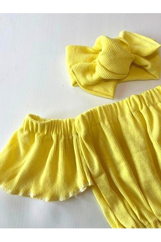 Özge Başaran Kız Çocuk, Likralı Deri Fiyonk Detaylı Pantolon, Sarı Straplez Crop Bluz Ve Saç Sarı