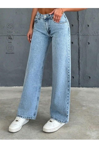 Blue Marlın Kadin Yüksek Bel Buz Kar Boyfriend Bol Paça Pantolon Mavi