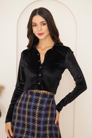Kadın Siyah Kadife Uzun Kollu Crop Gömlek Dm9003 Siyah
