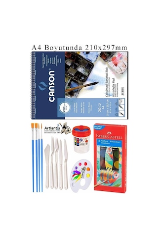 Canson Çok Amaçlı Sanatsal Blok A4 200 Gr 20 Yaprak 1 Adet 12 Renk Sulu Boya Fırça Palet Spatula Fırça Temizleme Kabı