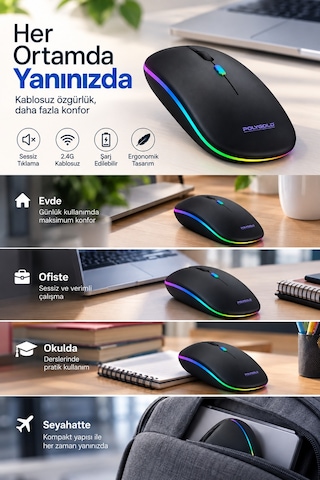 8 10 Metre Menzilli Şarj Edilebilir Kablosuz Mouse Mi