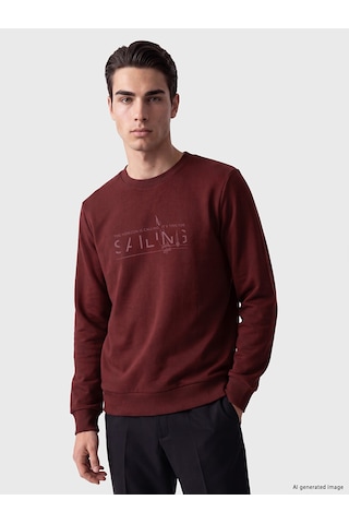 Lcwaıkıkı Classic Bordo Bisiklet Yaka Baskılı Erkek Sweatshirt