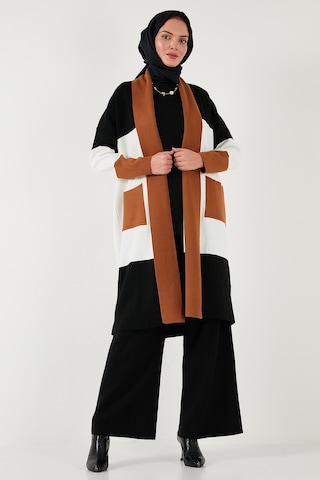 Lela Modest Regular Fit Renk Bloklu Uzun Tesettür Triko Bayan Hırka 4616172 Toprak
