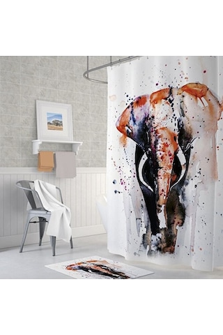 Banyo Perdesi Fil Desen Watercolor Baskılı Solmaz Su Geçirmez Pol Çok Renkli
